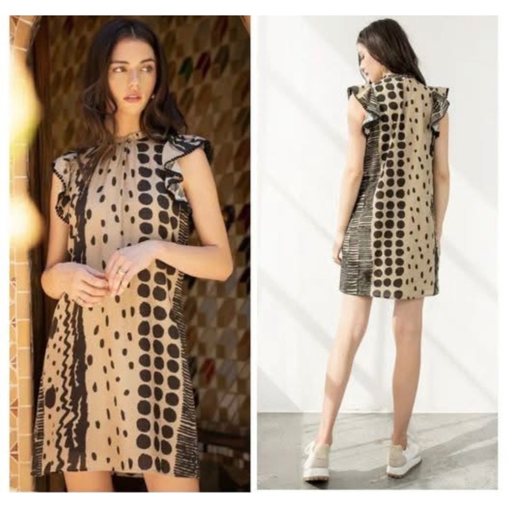 Anthropologie THML Polka Dot Ruffle Pom Pom Trim Shift Mini Dress Tan Black XS